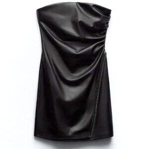 Zara Faux Leather Ruched Strapless Mini Dress In Black Size L EUC